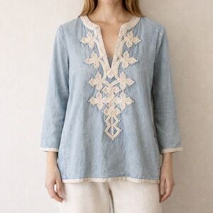 J.Crew Chambray Embroidered Tunic Top 00 XS Boho Coastal Chic